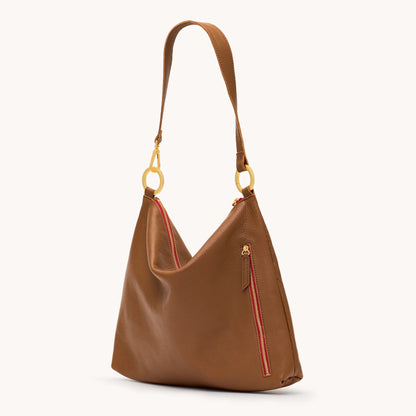 Kyle Large Mahogany Pebble/Brushed Gold Red Zip Handbag