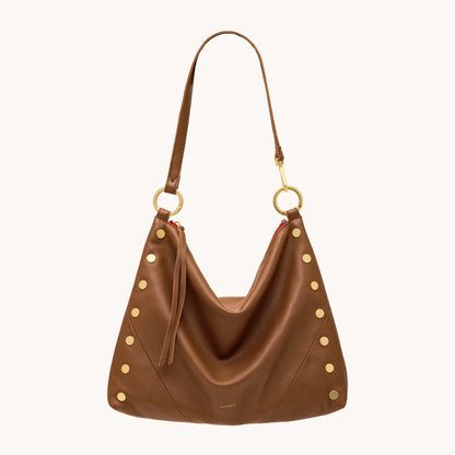 Kyle Large Mahogany Pebble/Brushed Gold Red Zip Handbag