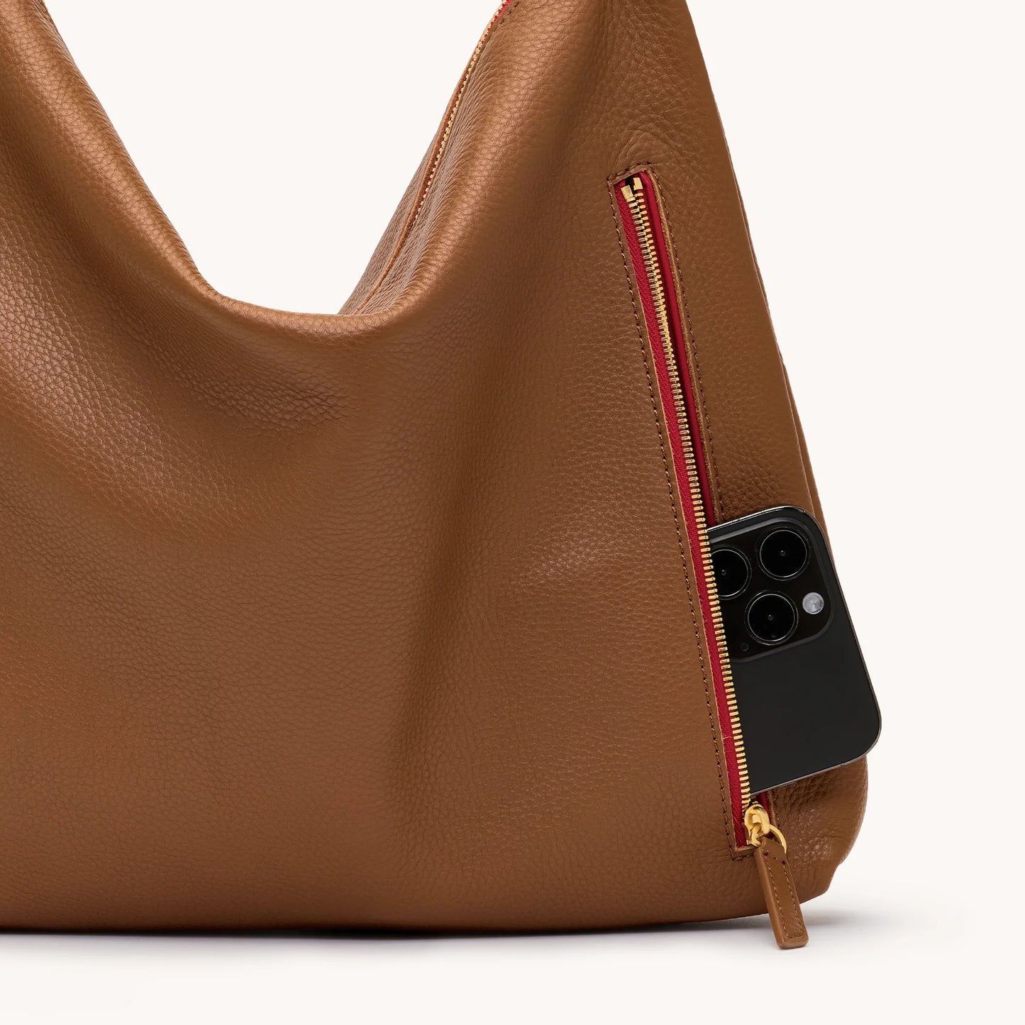 Kyle Large Mahogany Pebble/Brushed Gold Red Zip Handbag