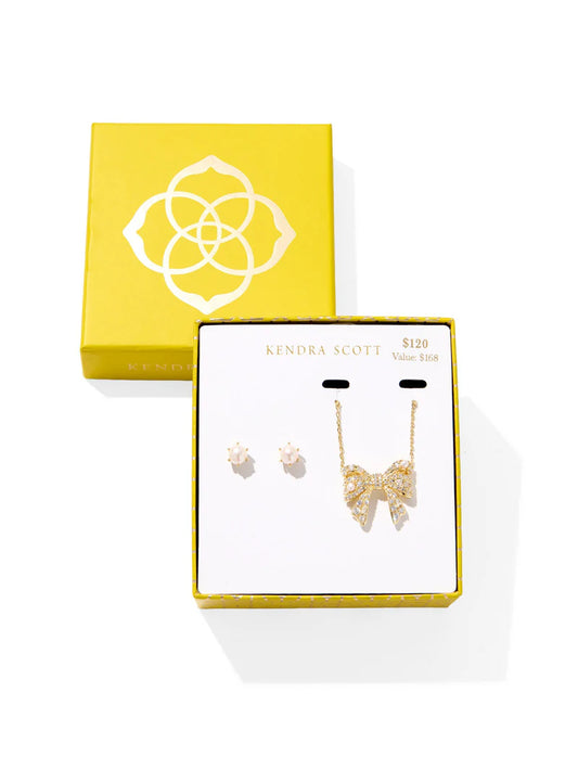 Krista Bow Necklace and Ashton Stud Gift Set in Gold White Mix