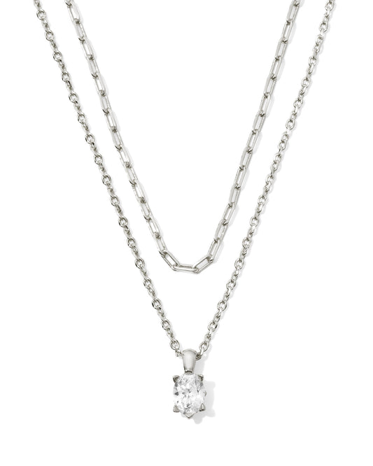 Cailin Multi Strand Silver Necklace in White Crystal