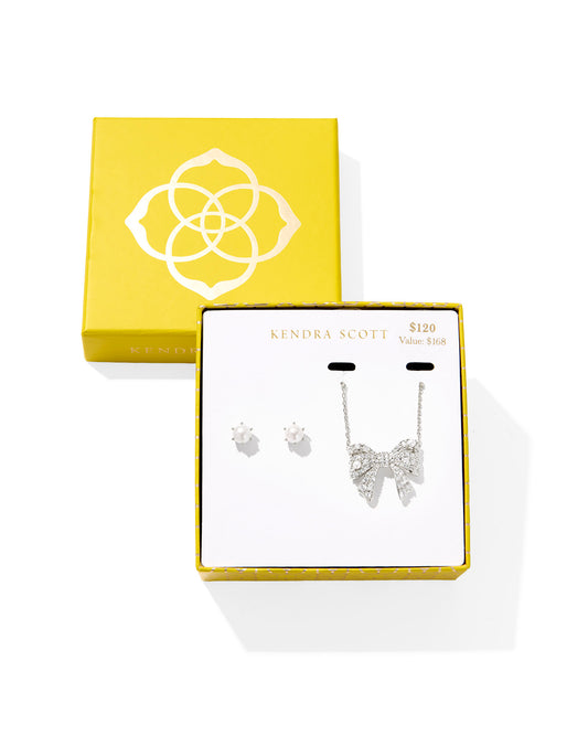 Krista Bow Necklace and Ashton Stud Gift Set in Silver White Mix