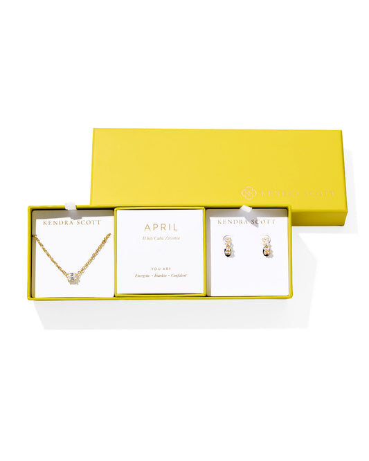 Cailin Birthstone Necklace and Earring Gift Set in Gold White Crystal