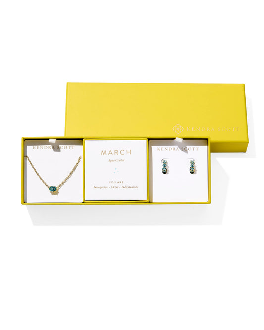 Cailin Birthstone Necklace and Earring Gift Set in Gold Aqua Crystal
