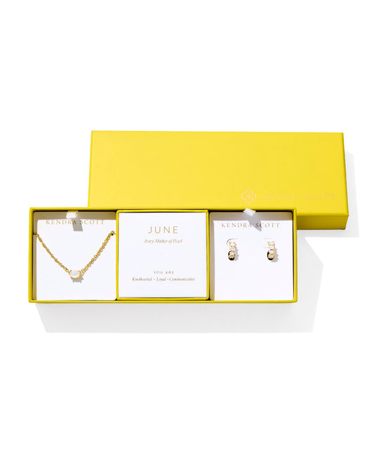 Cailin Birthstone Necklace and Earring Gift Set in Gold ivory Mother of Pearl