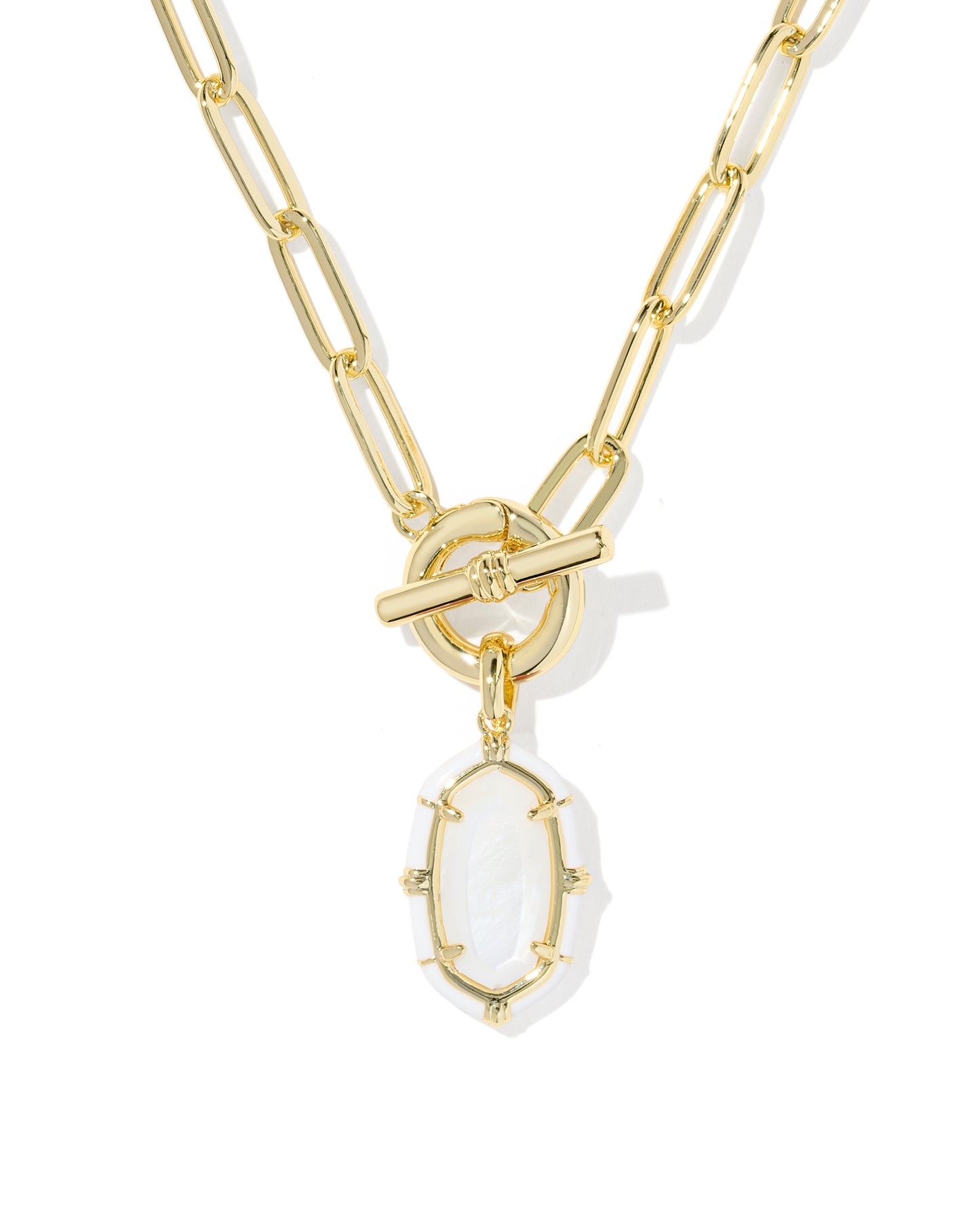 Elisa Gold Enamel Link Chain Necklace in White Mother-of-Pearl