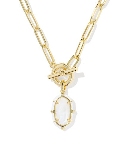 Elisa Gold Enamel Link Chain Necklace in White Mother-of-Pearl