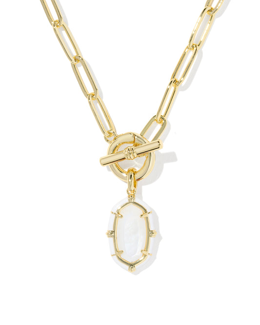 Elisa Gold Enamel Link Chain Necklace in White Mother-of-Pearl
