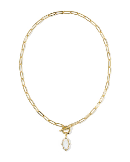 Elisa Gold Enamel Link Chain Necklace in White Mother-of-Pearl