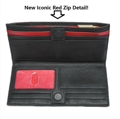 110 North Black/Brushed Gold Red Zip Leather Wallet