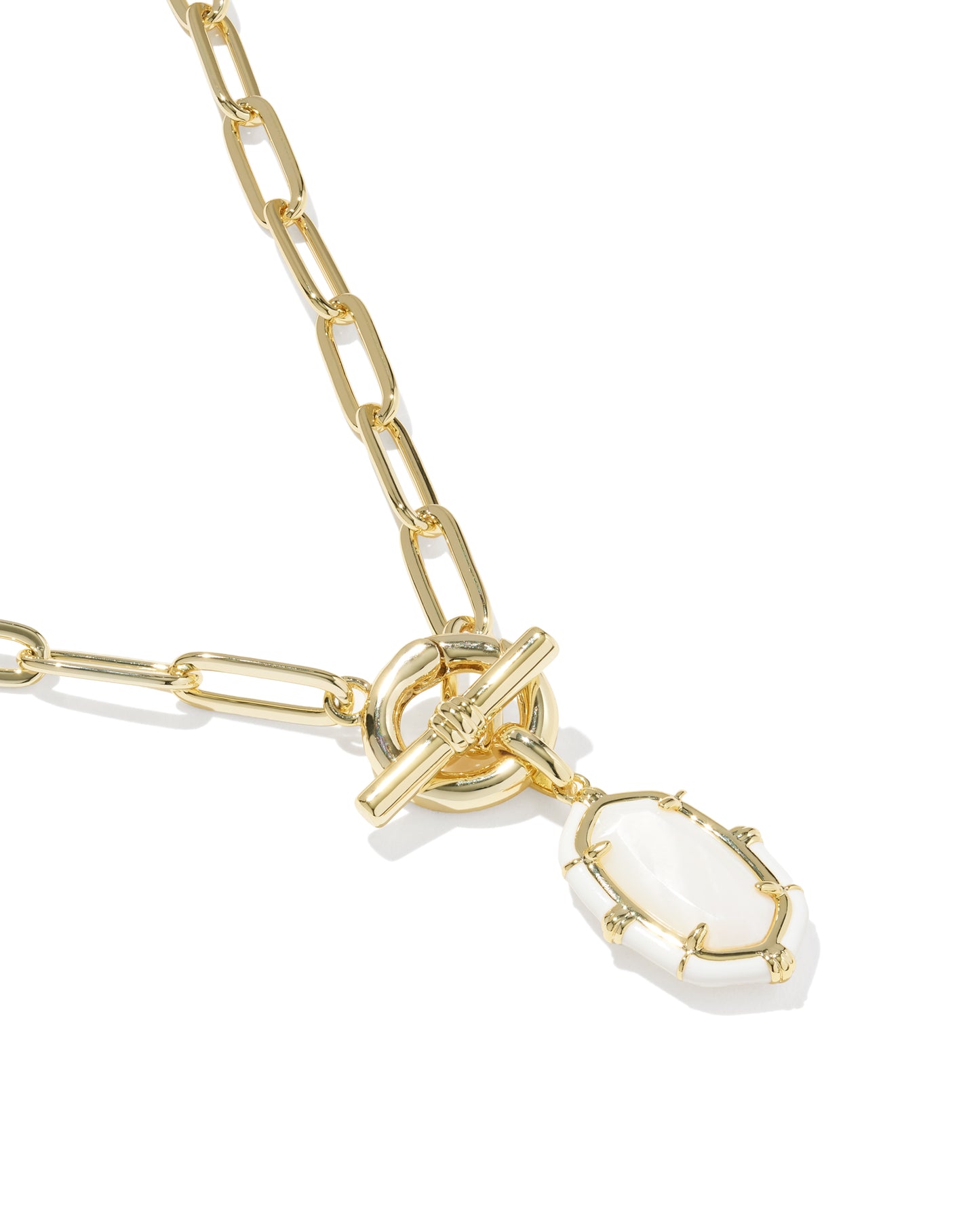 Elisa Gold Enamel Link Chain Necklace in White Mother-of-Pearl