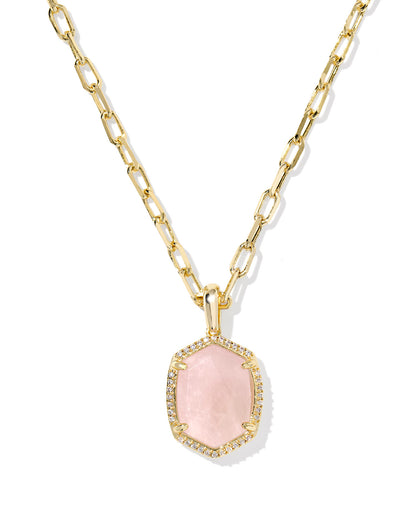 Daphne Gold Pave Frame Short Pendant Necklace in Rose Quartz