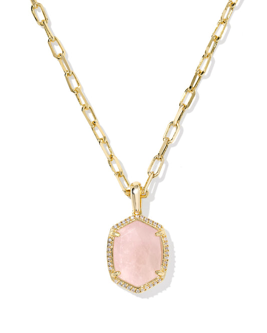 Daphne Gold Pave Frame Short Pendant Necklace in Rose Quartz