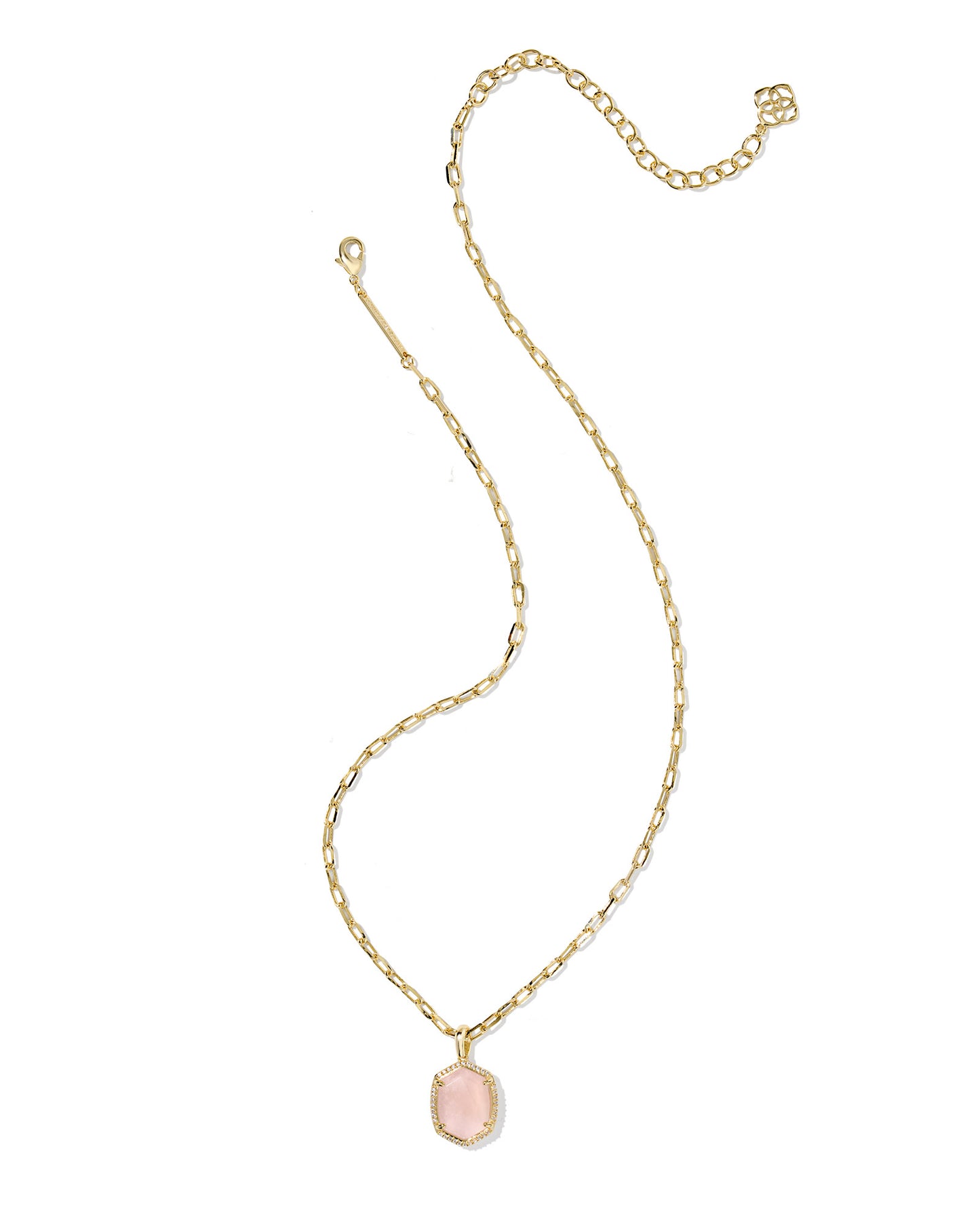Daphne Gold Pave Frame Short Pendant Necklace in Rose Quartz