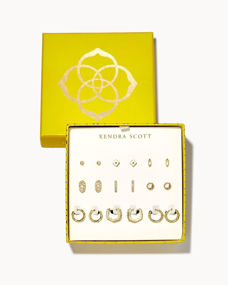 Earring Set of 9 Gold Gift Set in White Crystal