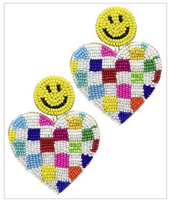 Checkered Smiley Heart White Multi Earrings