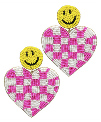 Checkered Smiley Heart Fuchsia Earrings