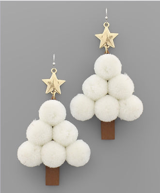 PomPom Christmas Tree White Earrings