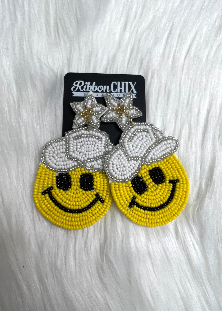 Cowboy Smiley Face Beaded White Earrings