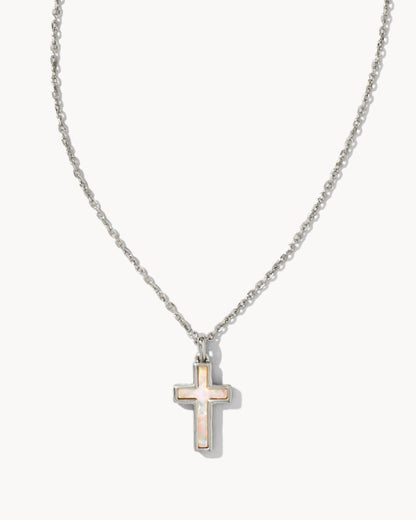 Cross Silver Pendant Necklace in White Kyocera Opal