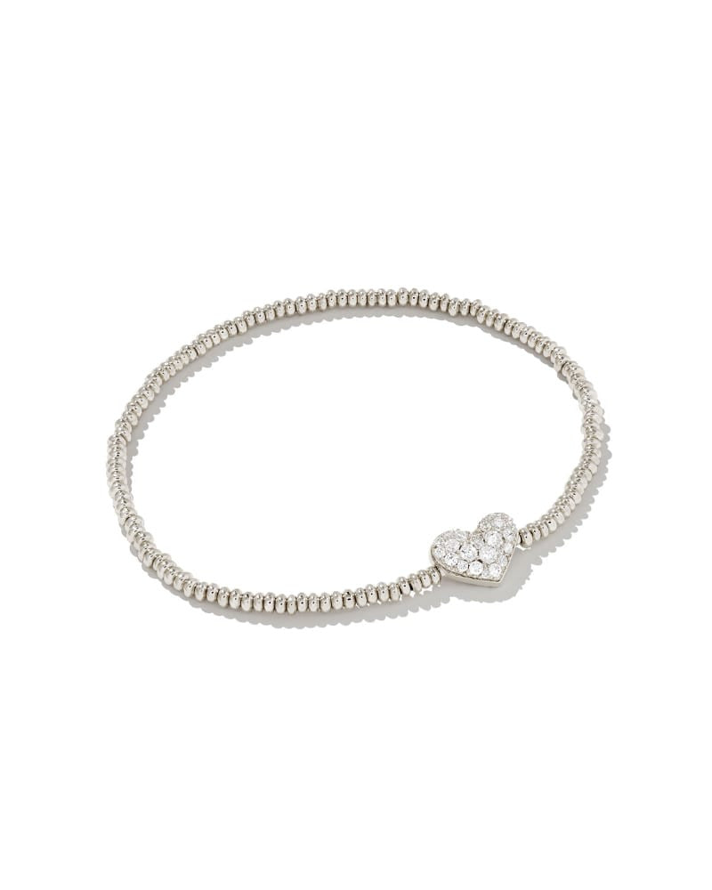 Ari Silver Pave Heart Stretch Bracelet in White Crystal