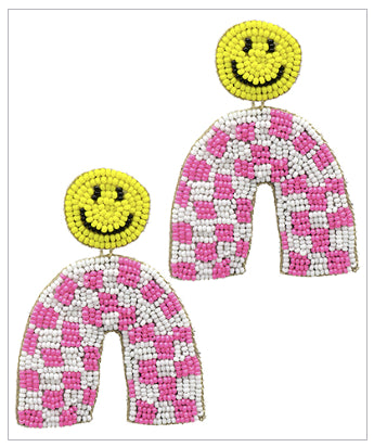 Checkered Smiley Arch Fuchsia Earrings