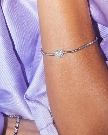 Ari Silver Pave Heart Stretch Bracelet in White Crystal