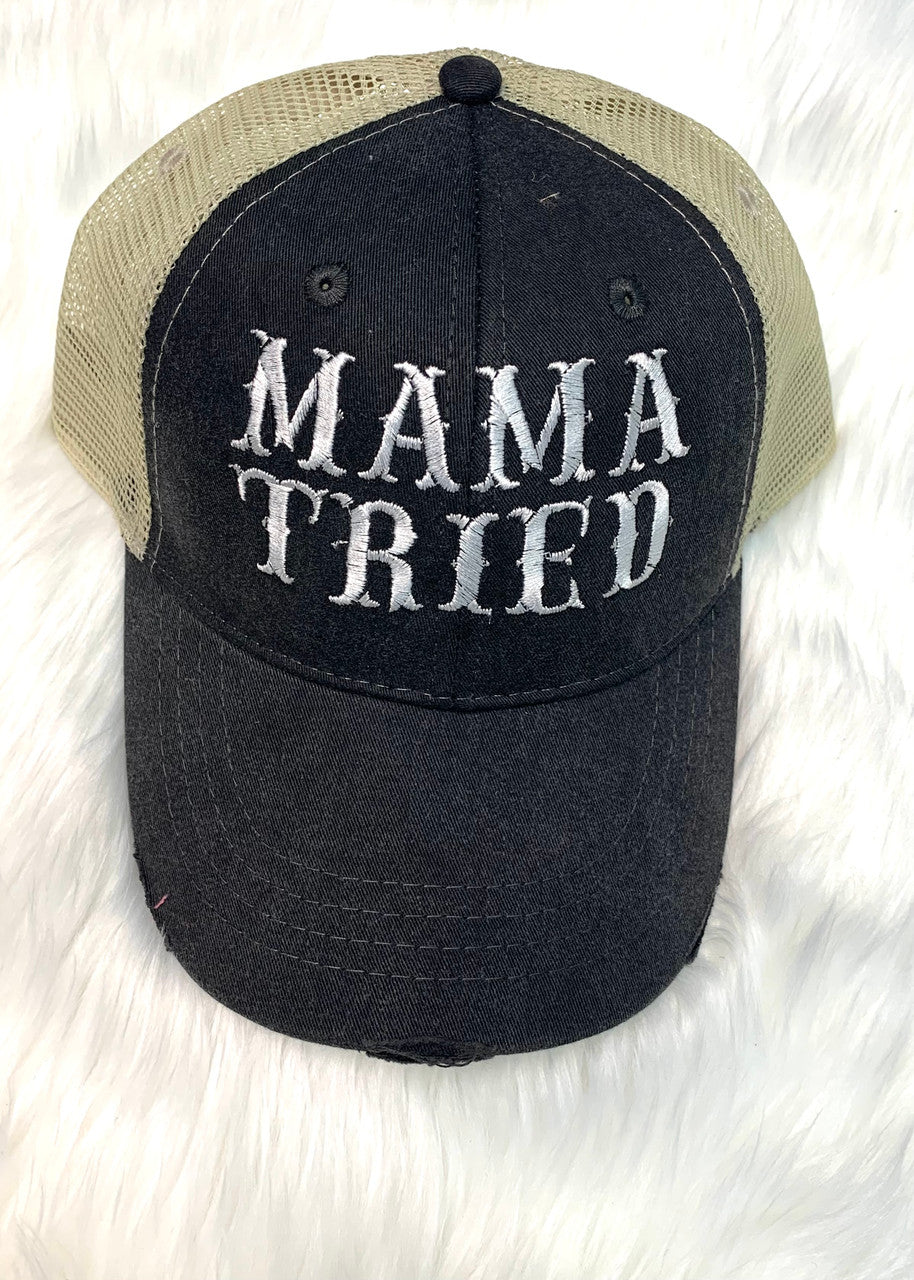 Mama Tried White Thread Distressed Trucker