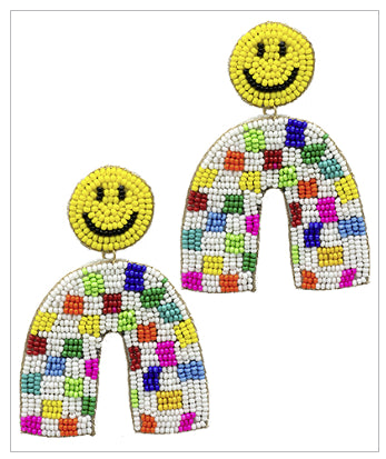 Checkered Smiley Arch White Multi Earrings