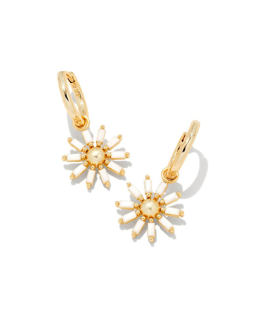 Madison Daisy Convertible Gold Huggie Earrings in White Opaque Glass